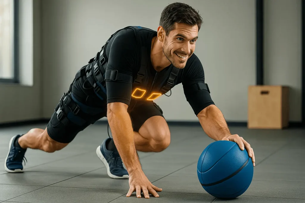 Een blije man die aan het trainen is met een EMS-pak aan.