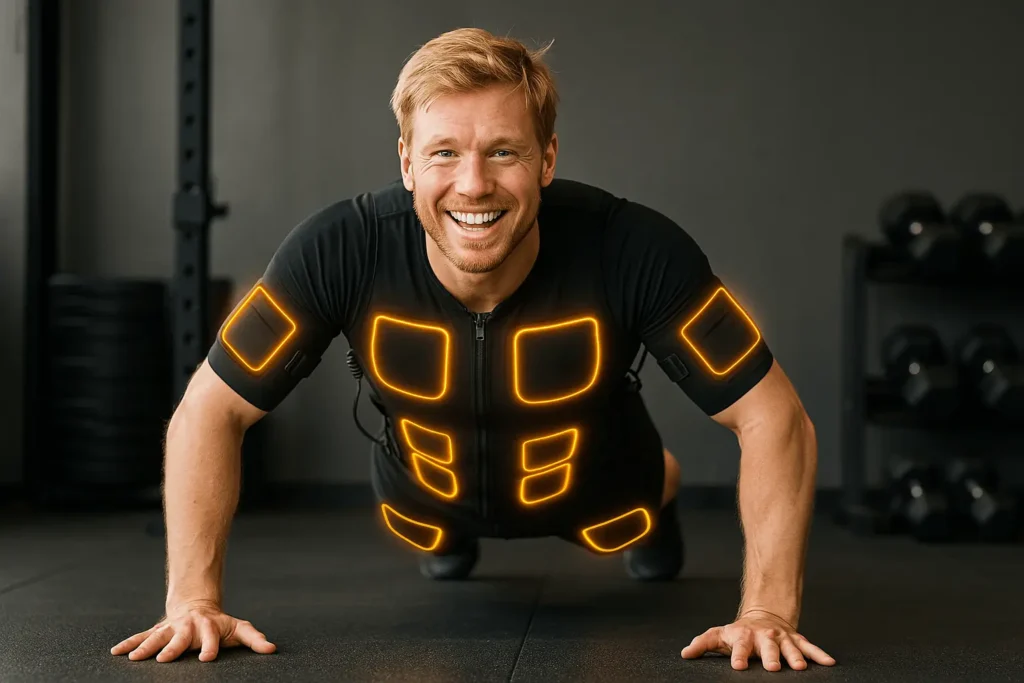 Een blonde man die blij is dat hij spieren opbouwt met EMS-training