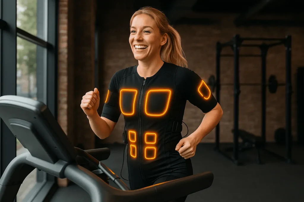 Een blonde vrouw die vrolijk op een loopband aan het rennen is met een EMS pak aan.