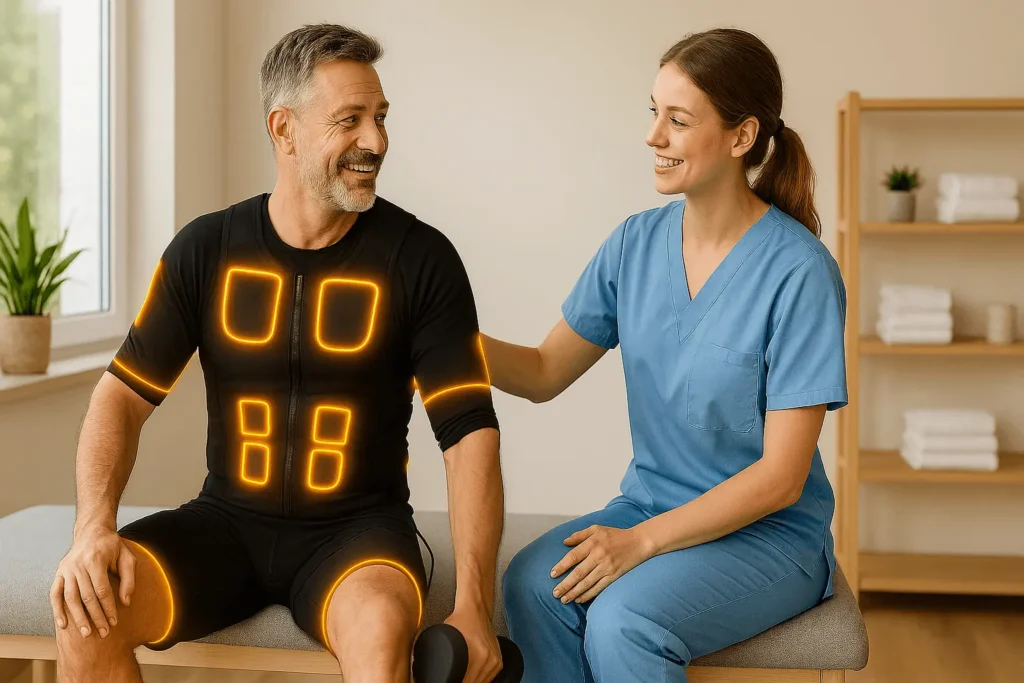 Een man in een EMS pak die blij is dat hij revalidatie training krijgt.