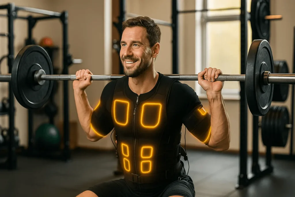 Een topsporter die aan het trainen is met een EMS pak voor optimale resultaten.