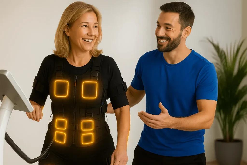 Een vrouw die personal training krijgt terwijl ze een EMS pak draagt.