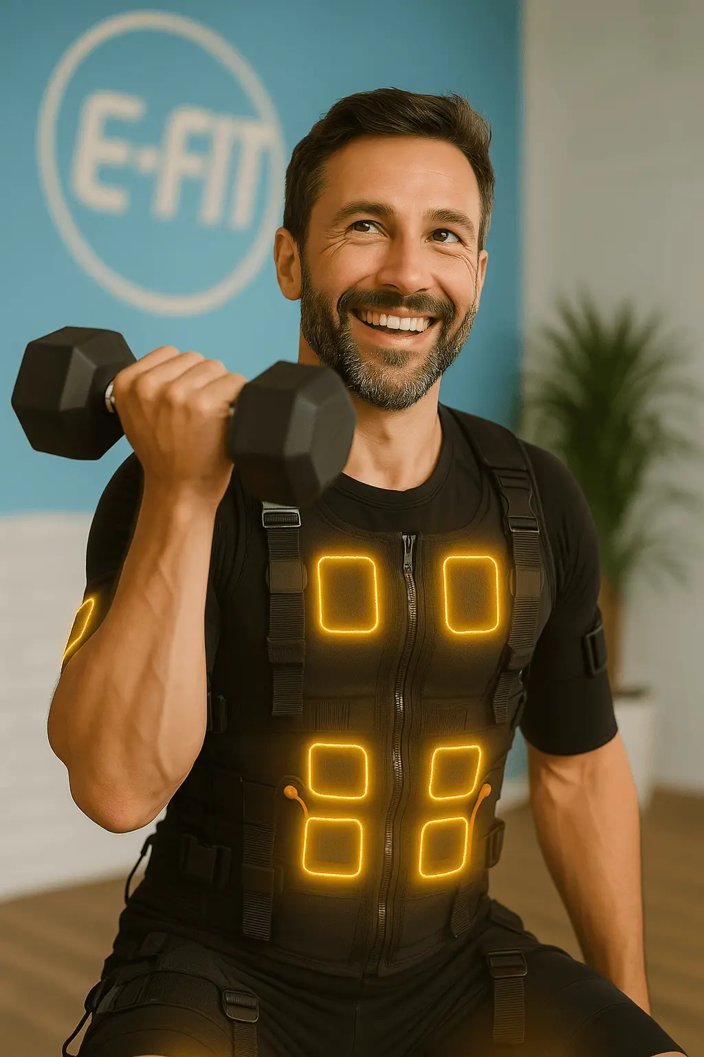 Een blije man die aan het trainen is met een dumbbell en een EMS-pak